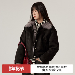 omont蛋挞家复古麂皮保暖夹克短外套冬毛领保暖休闲夹克上衣