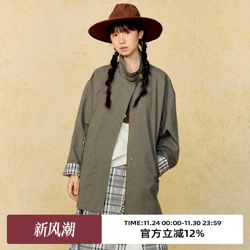 立领格纹拼接设计/中长风衣外套
