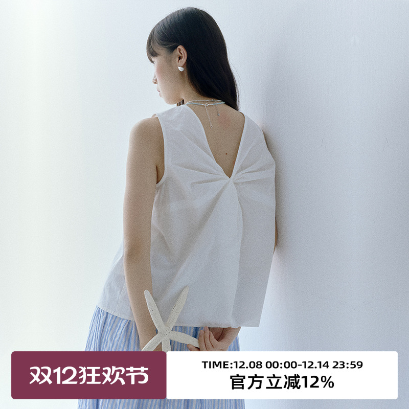前领捏褶/后背V型扭结无袖衬衫