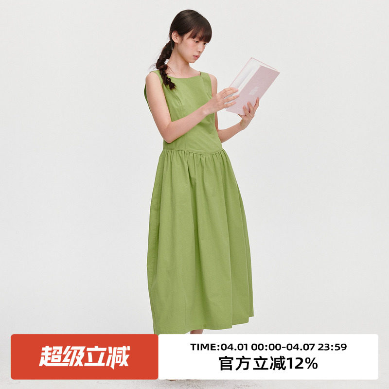 omont蛋挞家复古圆领设计感花苞背心裙夏季收腰显瘦无袖连衣裙子