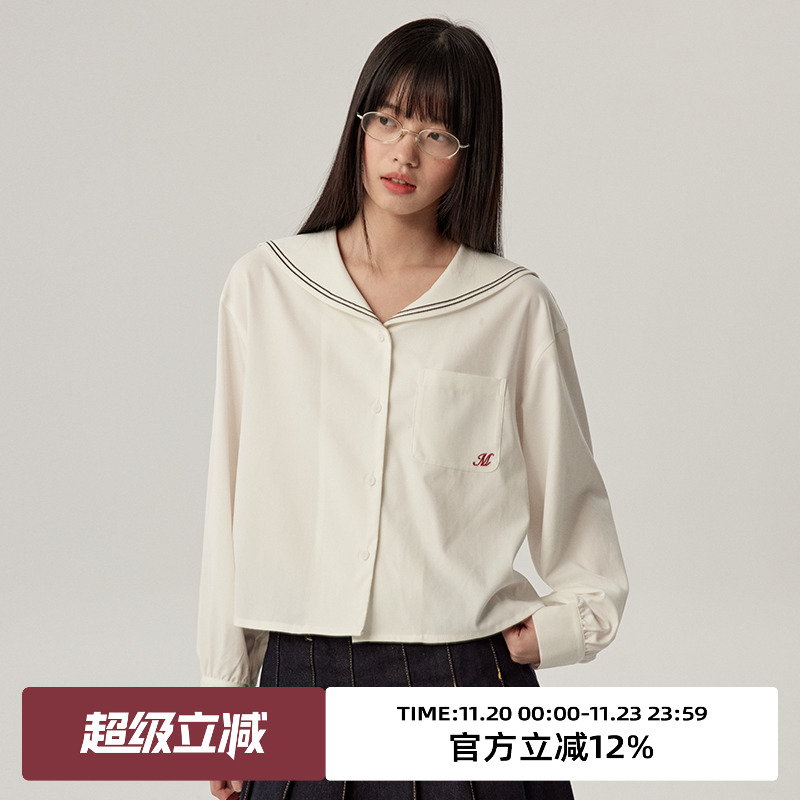 海军领/短款/刺绣长袖衬衫