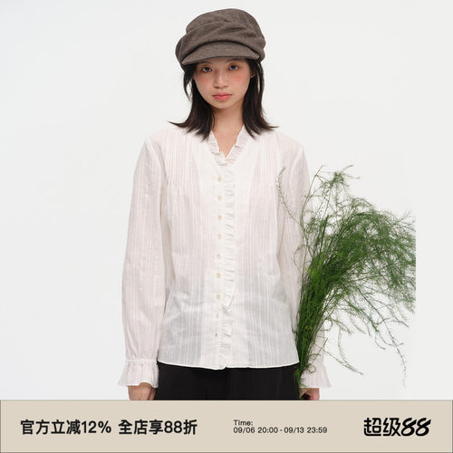 复古V领荷叶边长袖衬衫