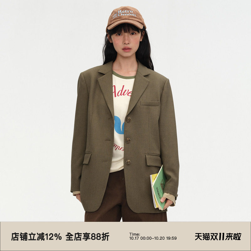 omont蛋挞家复古单排扣西装外套秋季正肩宽松休闲学院感西服