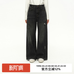 高腰直筒显瘦长裤 新款 子 2025秋季 omont蛋挞家复古做旧破洞牛仔裤