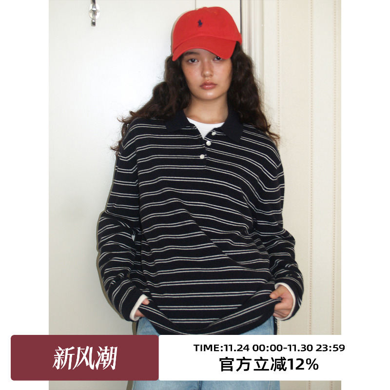 复古POLO领宽松慵懒条纹毛衣