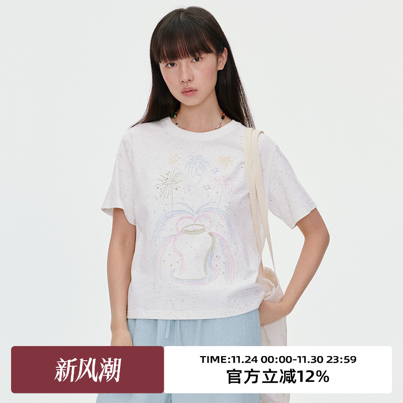 彩色喷泉绣花/彩点棉双纱短袖T恤