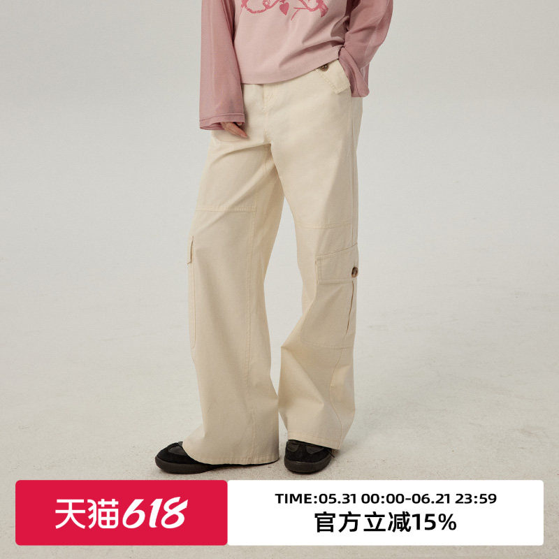 omont蛋挞家 运动风多口袋工装直筒休闲裤春秋季慵懒高腰显瘦长裤
