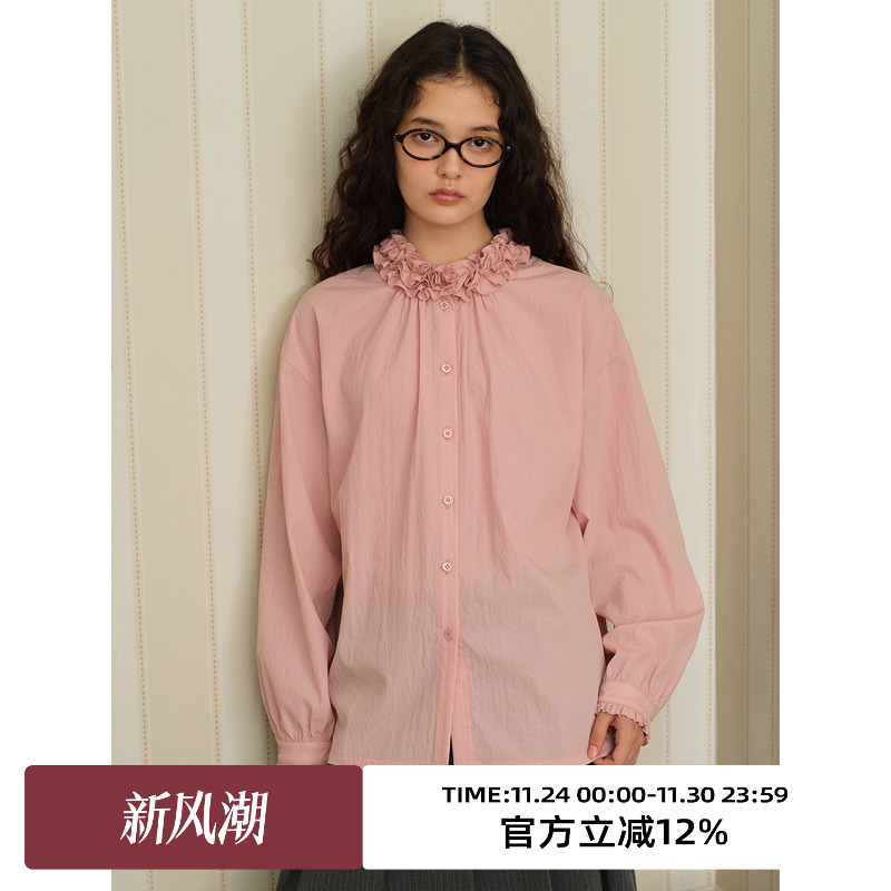 复古荷叶领宽松慵懒长袖衬衫