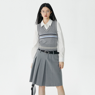 omont蛋挞家 bella灰色半身裙子秋季新款高腰显瘦a字裙百褶裙短裙
