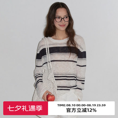 复古条纹圆领宽松慵懒感针织上衣
