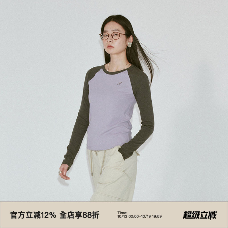 omont蛋挞家 复古圆领撞色插肩袖T恤女春秋修身显瘦内搭长袖上衣