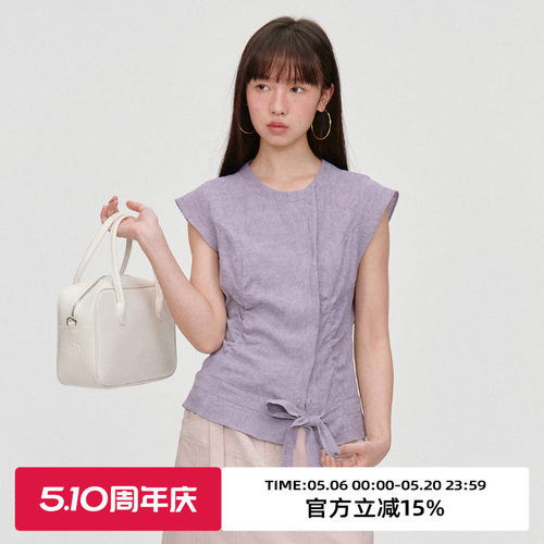 小飞袖/修身抽皱绑带/短袖衬衫