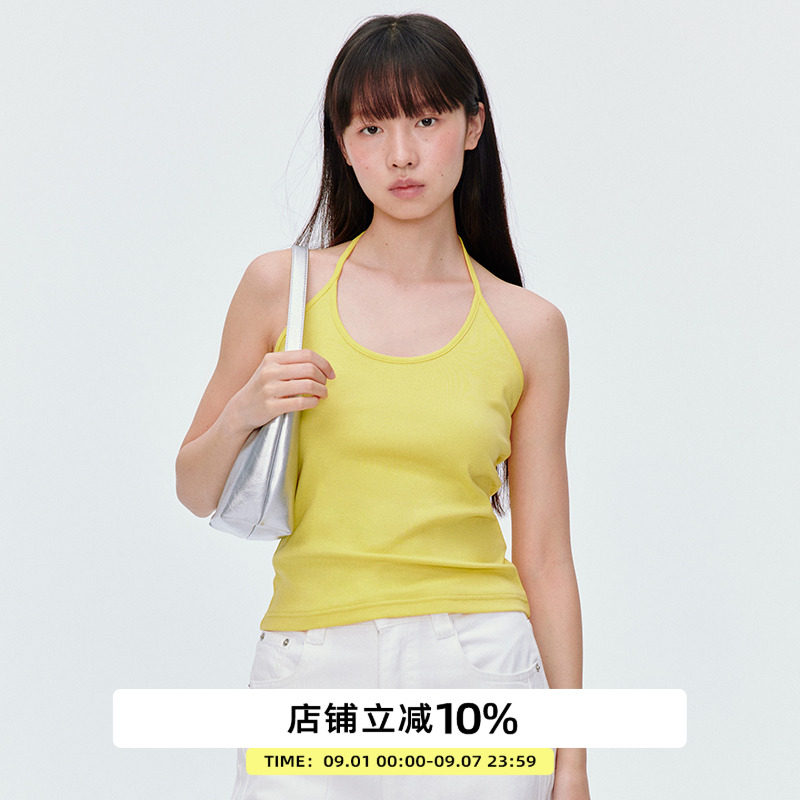 omont蛋挞家黄色挂脖外穿吊带背心2025夏季修身显瘦叠穿露背上衣