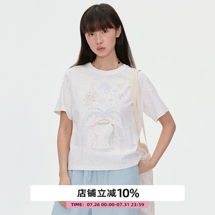 omont蛋挞家彩色喷泉绣花短袖 上衣女 T恤2025夏季 圆领宽松休闲半袖