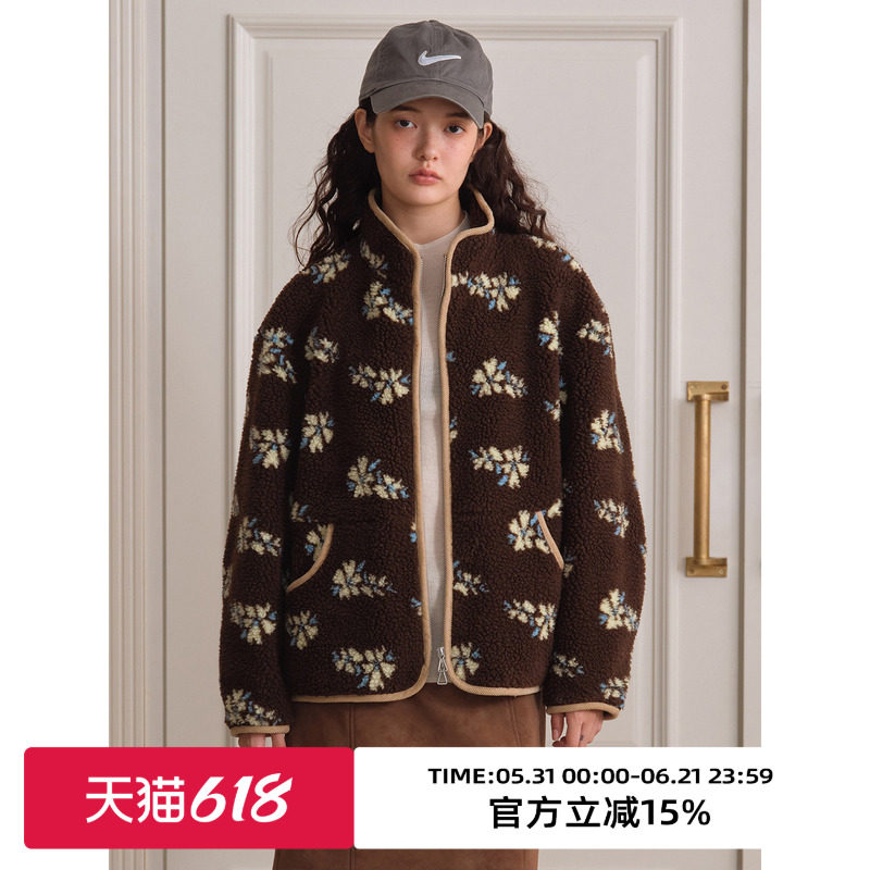 omont蛋挞家复古花色立领仿羊羔毛棉服外套秋冬宽松休闲上衣
