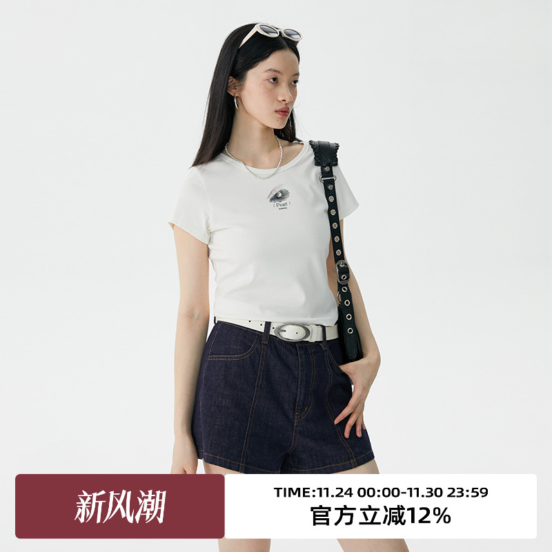 omont短袖复古印花正肩T恤