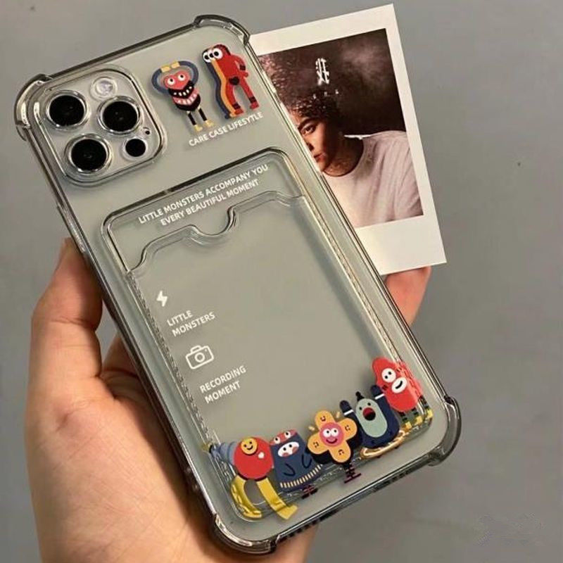 卡通小怪兽卡包适用iphone14promax手机壳适用苹果13新款12/11简约透明x/xr全包防摔xsmax硅胶软壳