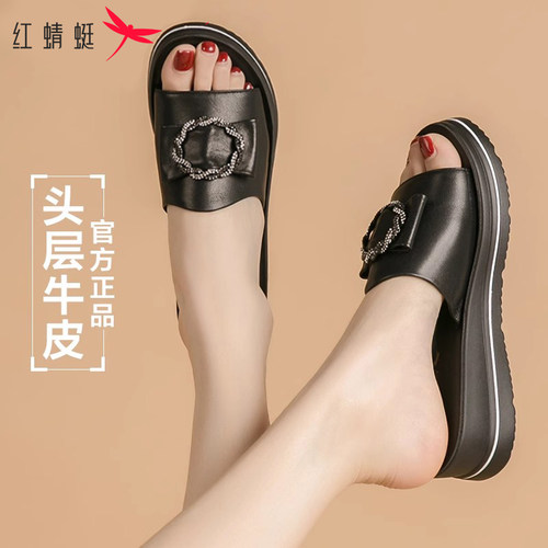 红蜻蜓真皮坡跟水钻蝴蝶结女拖鞋