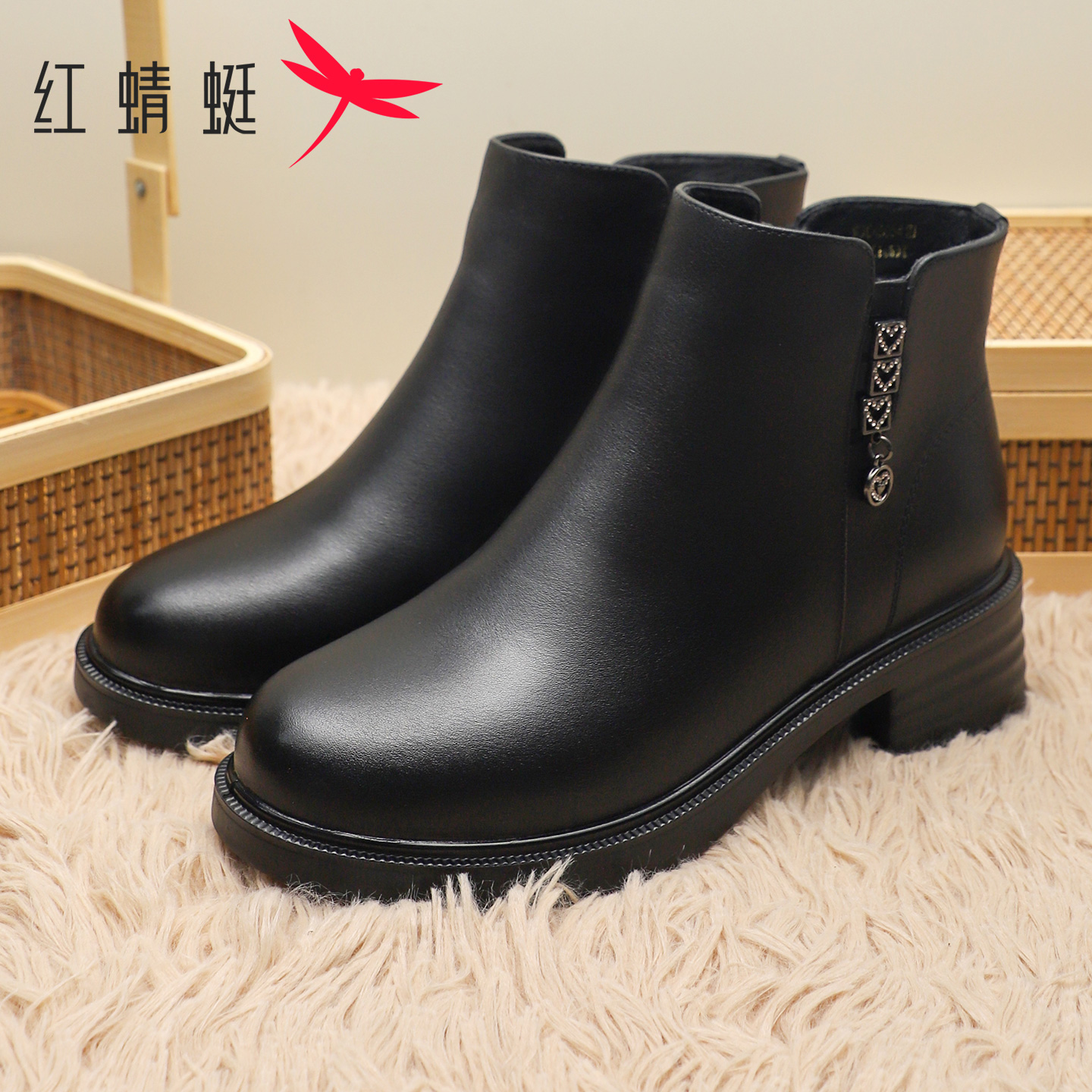 红蜻蜓侧拉链加绒时尚休闲短靴女