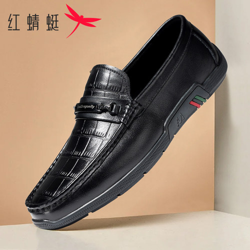 红蜻蜓男鞋鳄鱼纹一脚蹬乐福鞋子