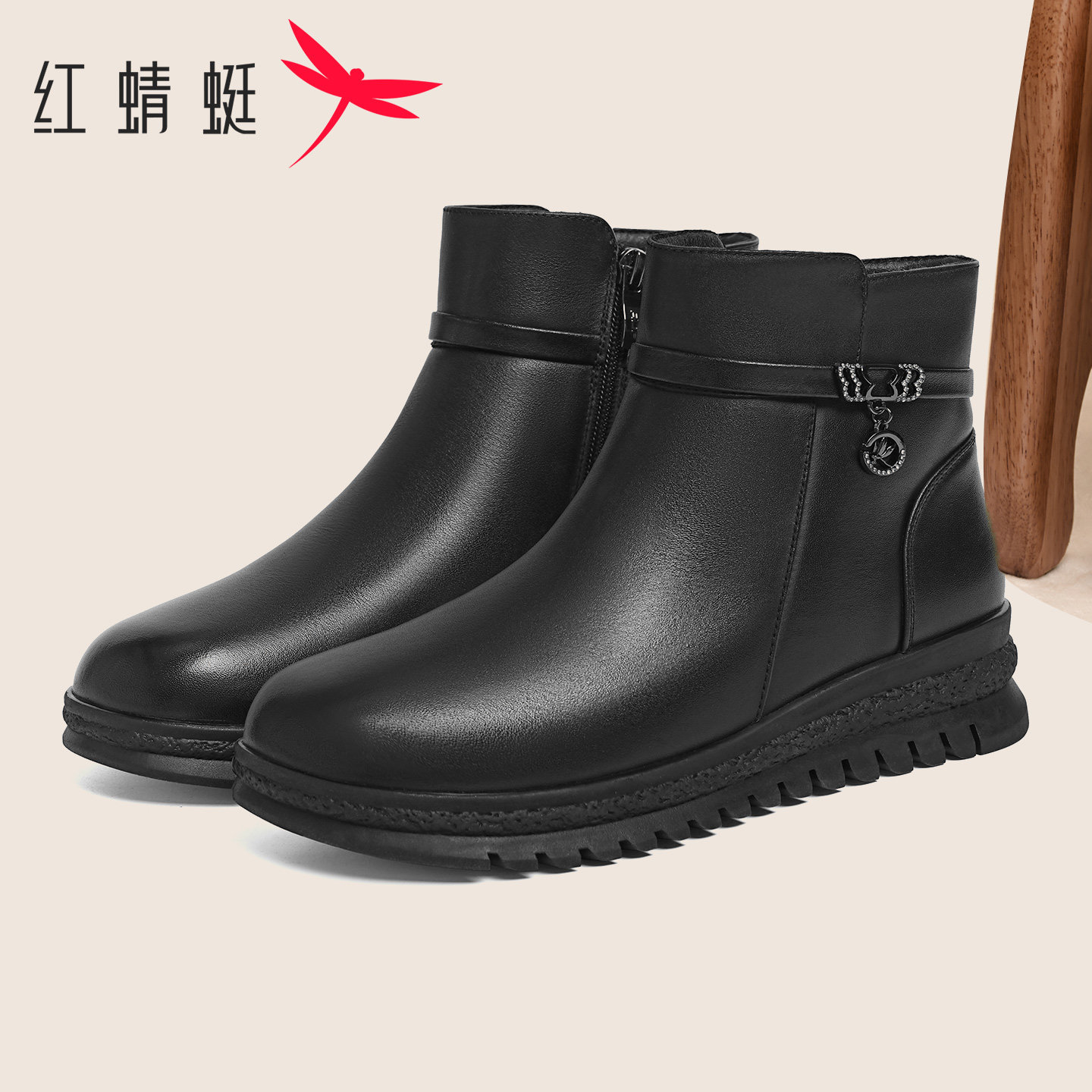 红蜻蜓女鞋冬季加厚加绒保暖棉靴真皮复古短靴厚底休闲英伦马丁靴