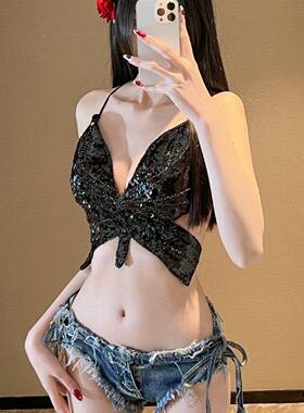 美式辣妹亮片深V绑带吊带背心女