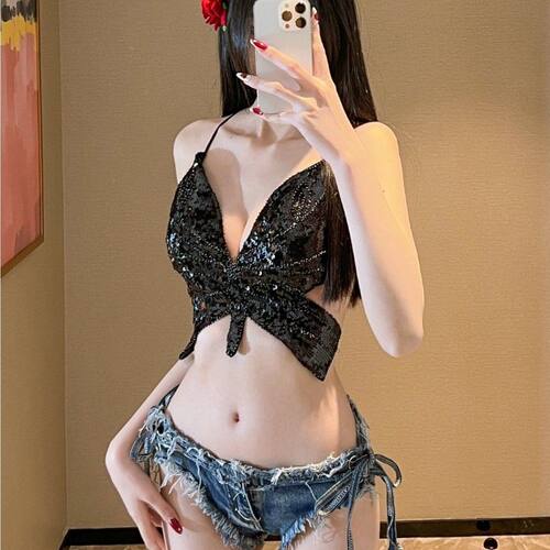 美式辣妹亮片深V绑带吊带背心女