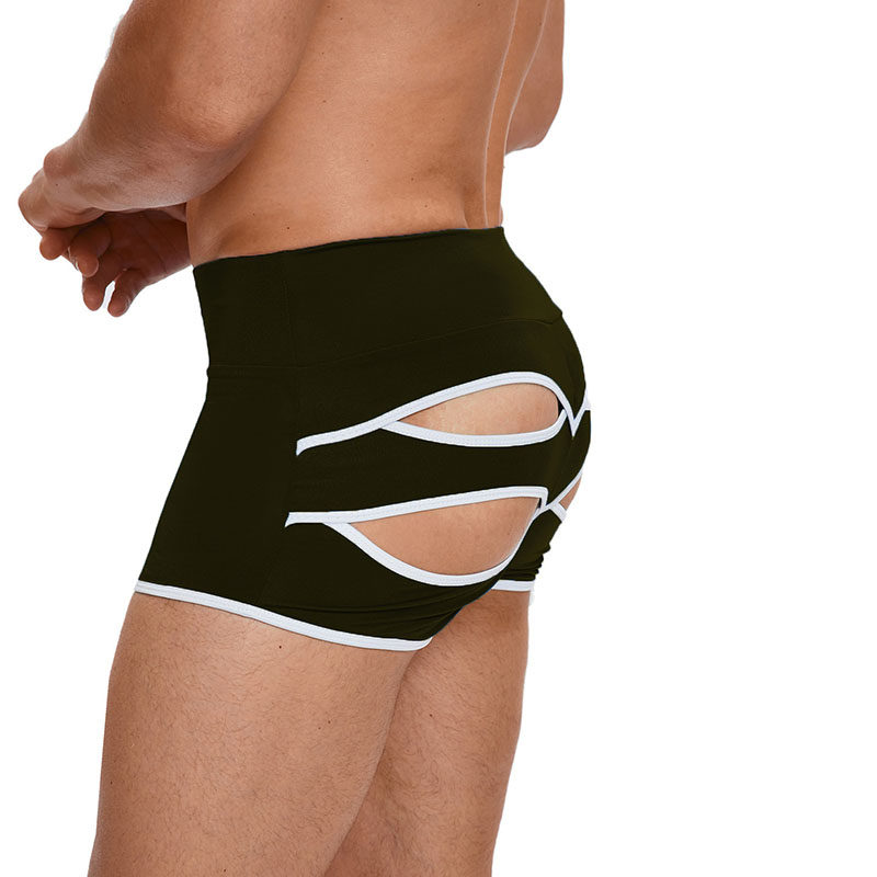 运动风高腰弹力镂空露臀短裤男士夏健美健身黑色性感修身运动短裤