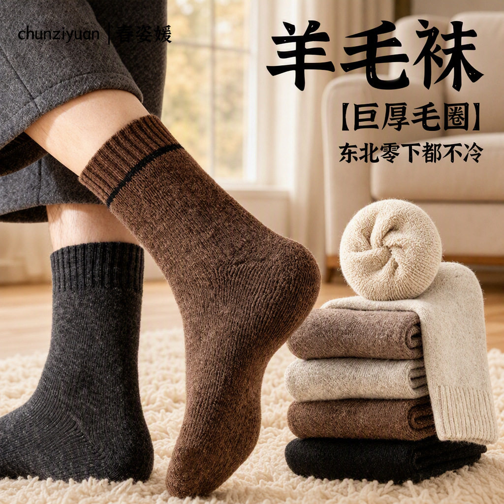 美利奴羊毛袜子男女秋冬季保暖男士中筒袜加绒加厚款东北羊绒长袜