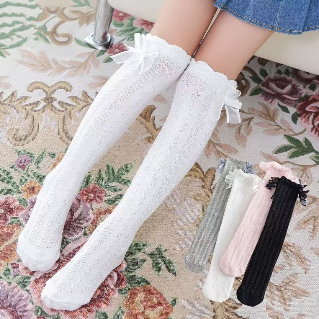 女童袜子薄款夏季长筒袜宝宝高筒蝴蝶结女孩公主儿童洛丽塔过膝袜