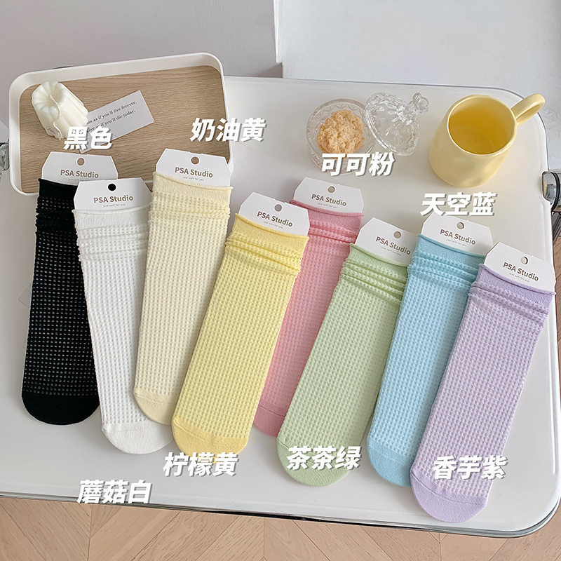 奶油风网眼袜子女堆堆袜夏季超薄款网红透气吸汗纯棉日系中筒袜潮