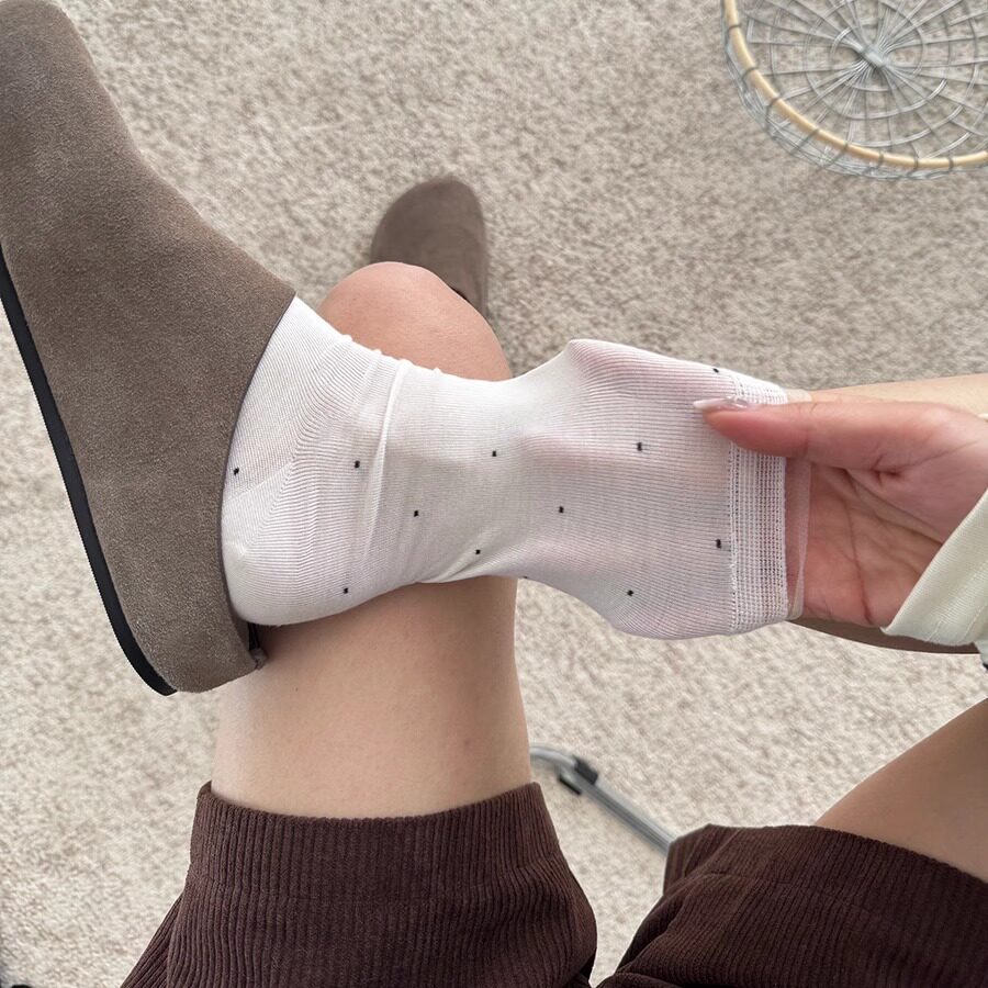 miu灰色圆点袜子女中筒袜夏季薄棉花边波点芭蕾风长堆堆袜