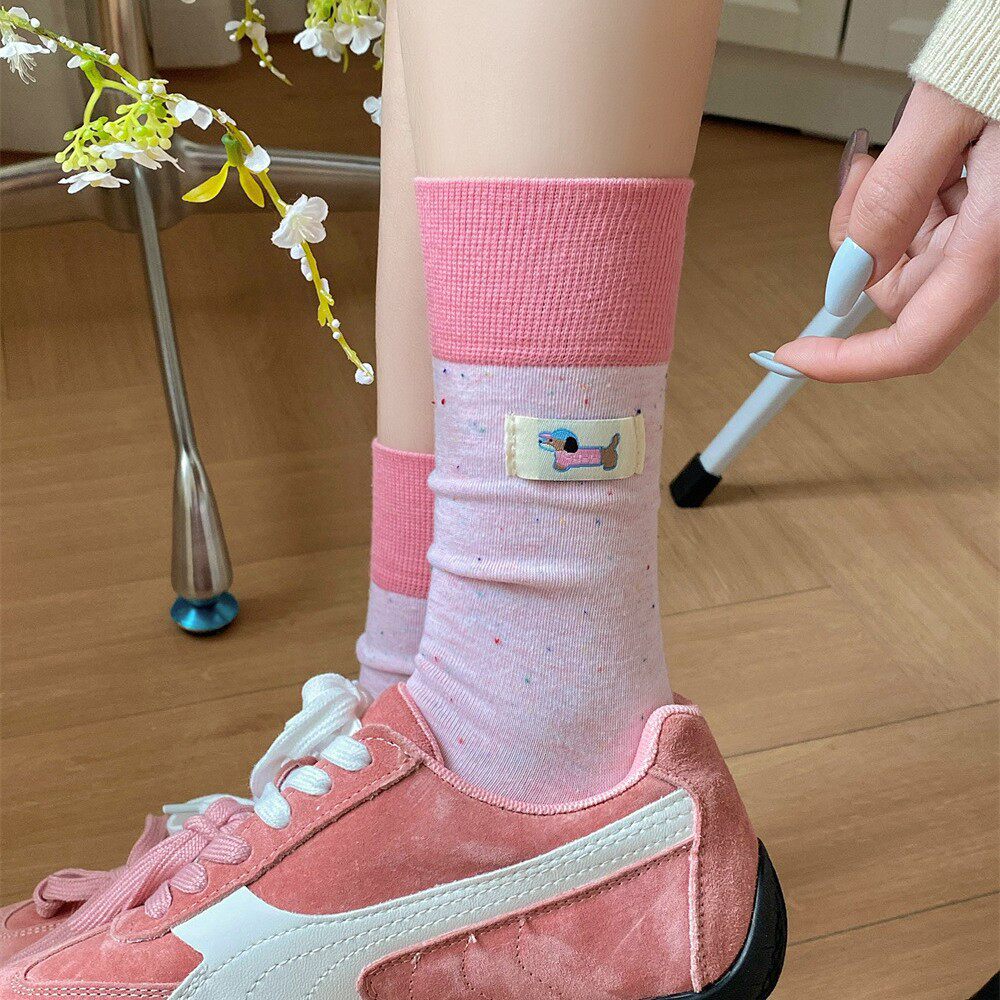 袜子女中筒袜纯棉夏季薄款日系ins潮可爱卡通点子纱腊肠狗堆堆袜