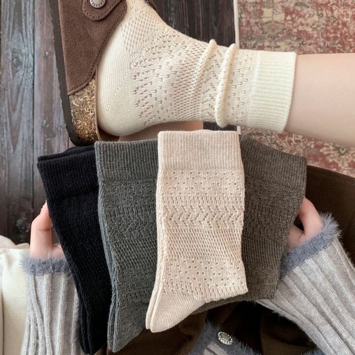 白色秋冬薄款镂空堆堆中筒女袜
