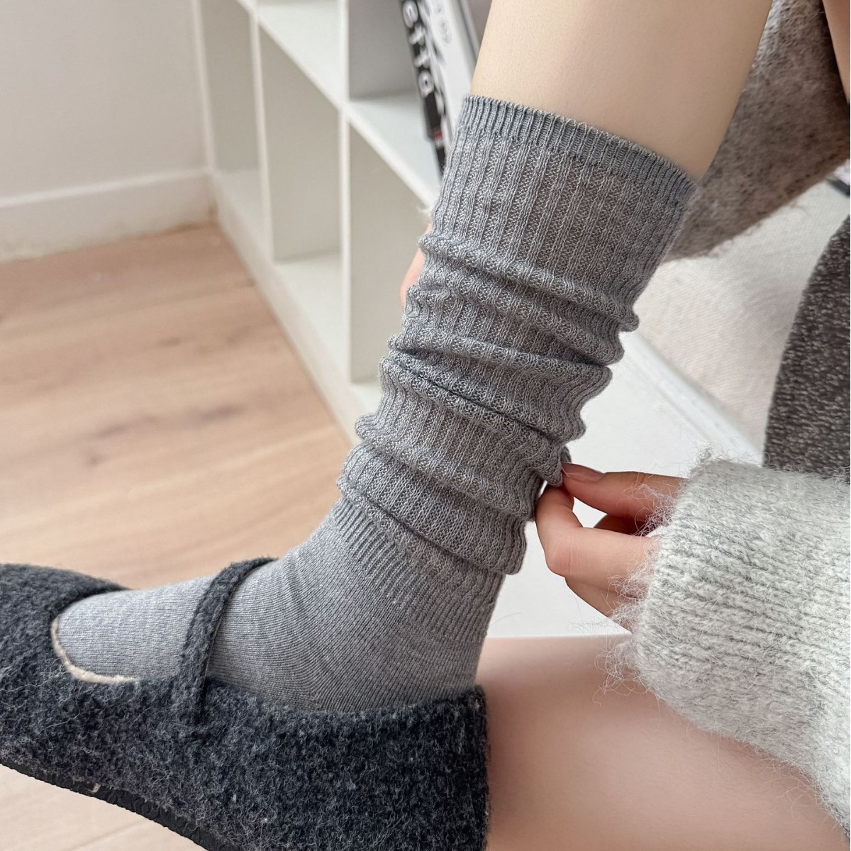 羊毛桑蚕丝堆堆长筒袜子女秋冬日系慵懒ins显瘦百搭纯色jk小腿袜