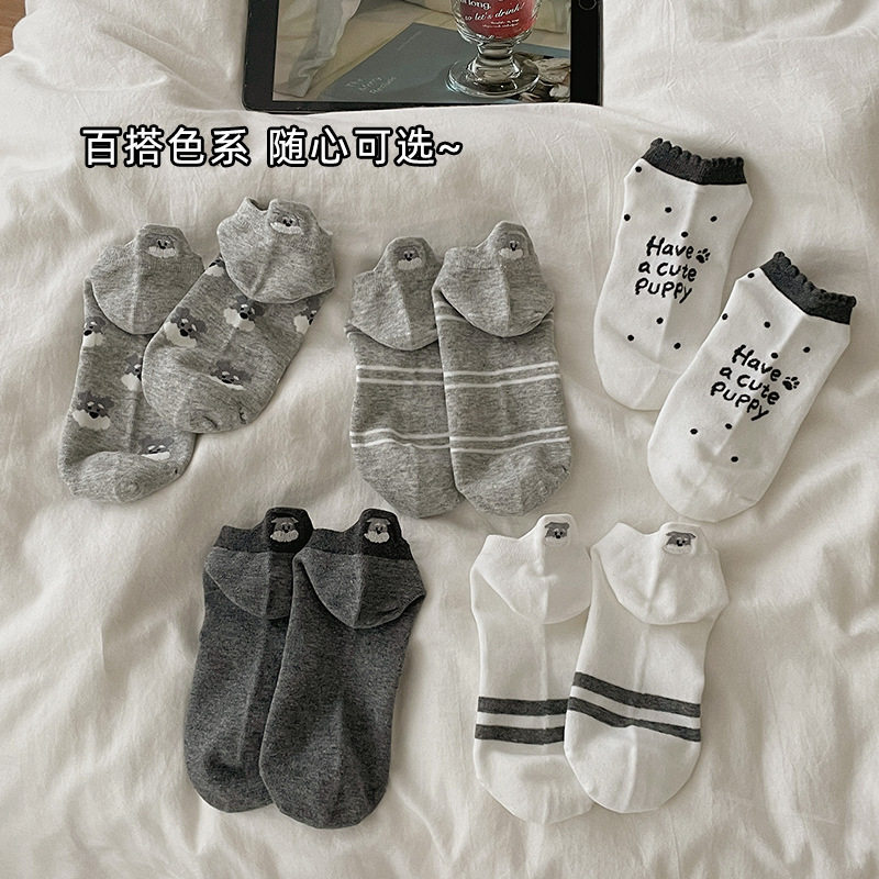 袜子女纯棉低帮短袜春夏薄女士船袜日系可爱条纹字母小狗刺绣棉袜