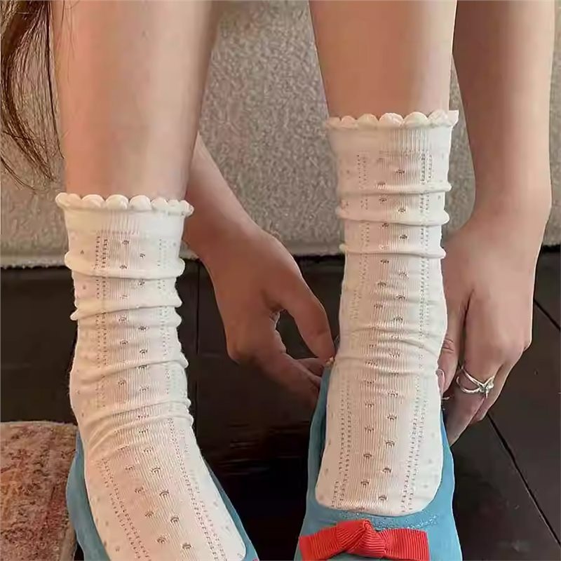 复古镂空花纹白色袜子女中筒纯棉夏薄款透气夏系堆堆袜长袜