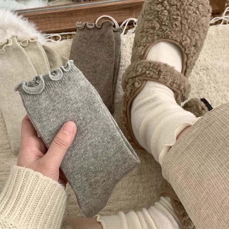 女袜卷边温柔木耳边袜子秋冬纯色连裤袜/打底袜