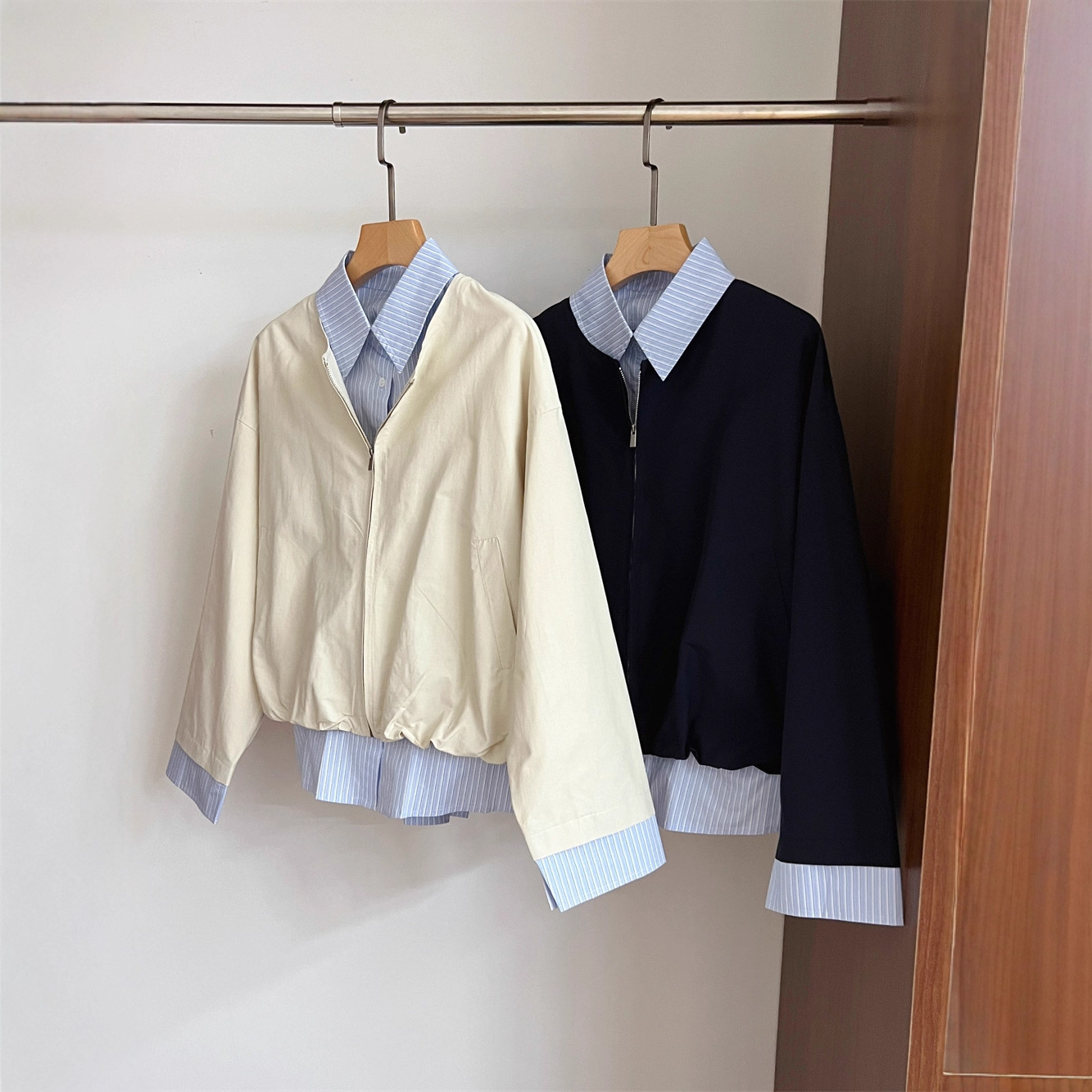 韩系学院风~减龄设计感撞色拼接假两件衬衫外套夹克小个子G091722