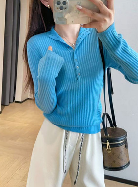 纸片人修身显瘦48支羊毛宽坑条长袖针织打底衫女2025秋冬G100202