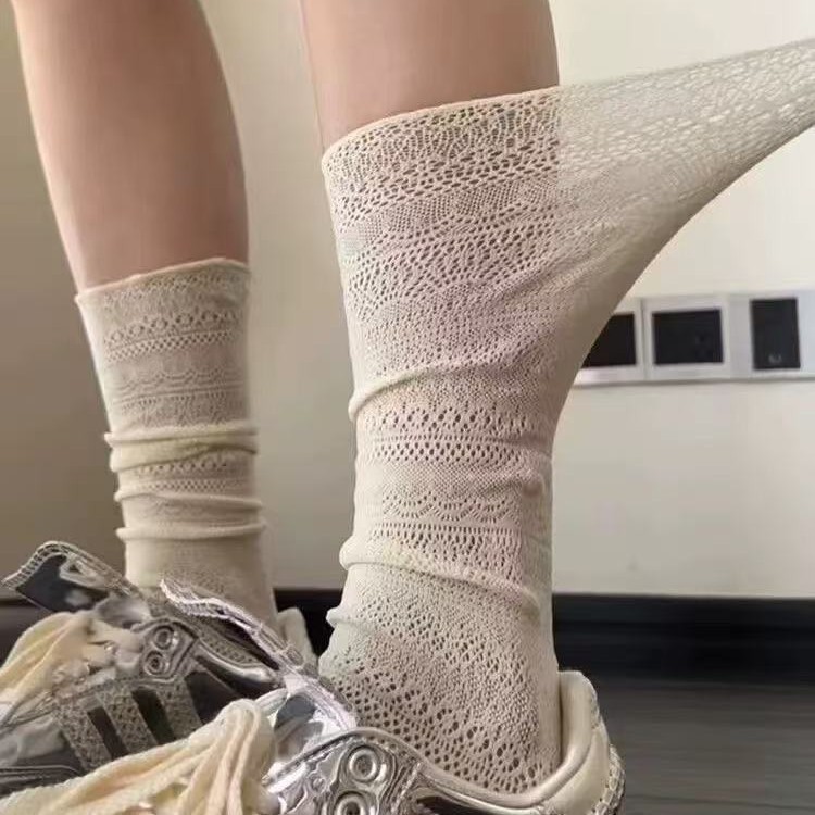 蕾丝镂空堆堆袜女夏季白色中筒袜miu系芭蕾风配单鞋勃肯鞋的袜子