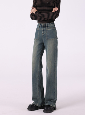复古韩版阔腿牛仔裤女2025秋冬新款高腰小个子时尚百搭窄版直筒裤