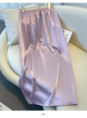 藏青色醋酸a字半身裙女夏季薄款2025新款超好看开叉缎面包臀裙子