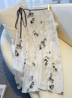 新中式国风印花半身裙女夏季2025新款中长款缎面醋酸a字伞裙薄款