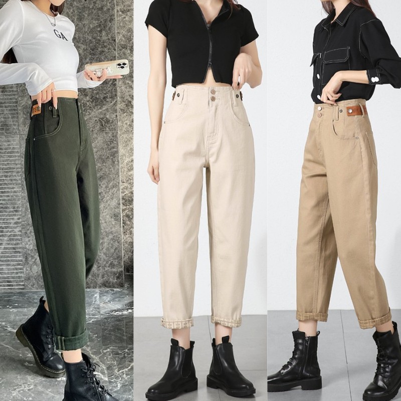 广州新塘高端弹力牛仔哈伦裤女高腰显瘦可调节腰围老爹裤梨型身材