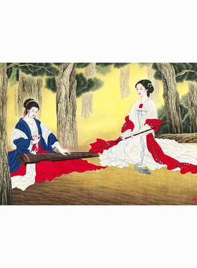 中国画人物画高清字画酒店餐饮火锅墙壁画墙面贴画挂画双女弹奏图