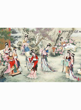 中国画人物画宣纸字画客厅餐厅沙发背景墙墙面贴画挂画十二金枝图