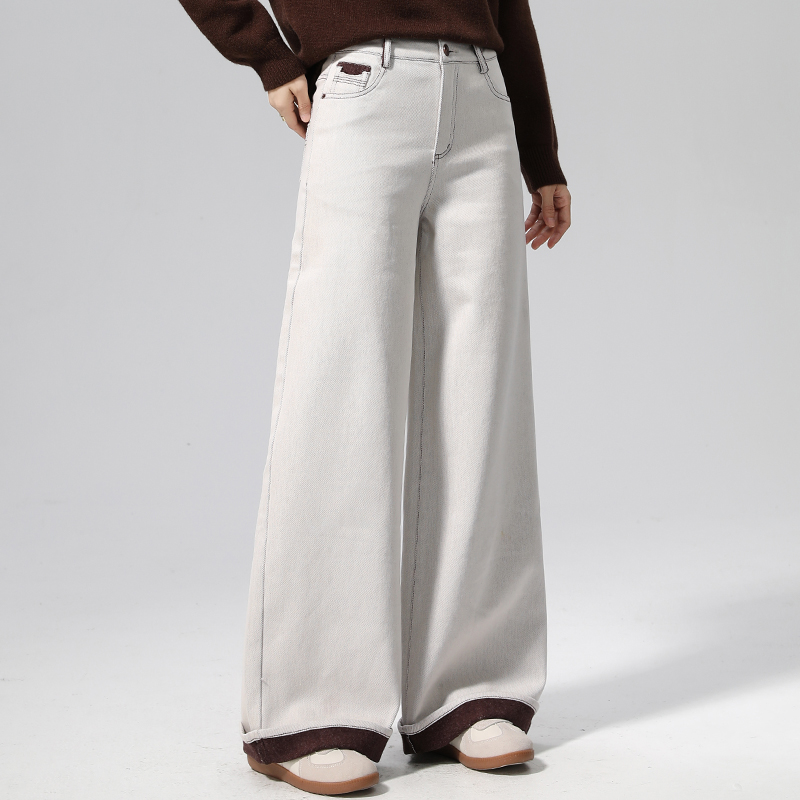高腰加绒阔腿牛仔裤女秋冬新款