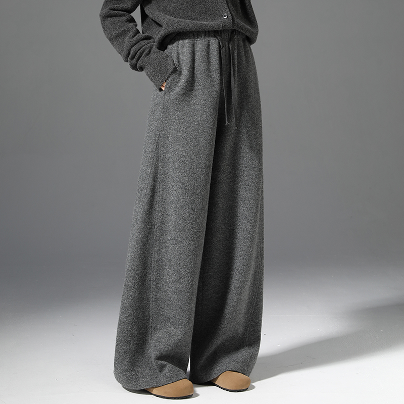 灰色针织毛呢阔腿裤女秋冬2025新款高腰拖地裤子宽松休闲裤直筒裤