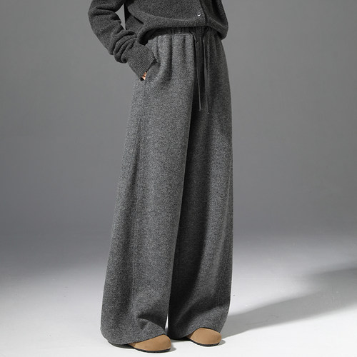 灰色针织毛呢阔腿裤女秋冬